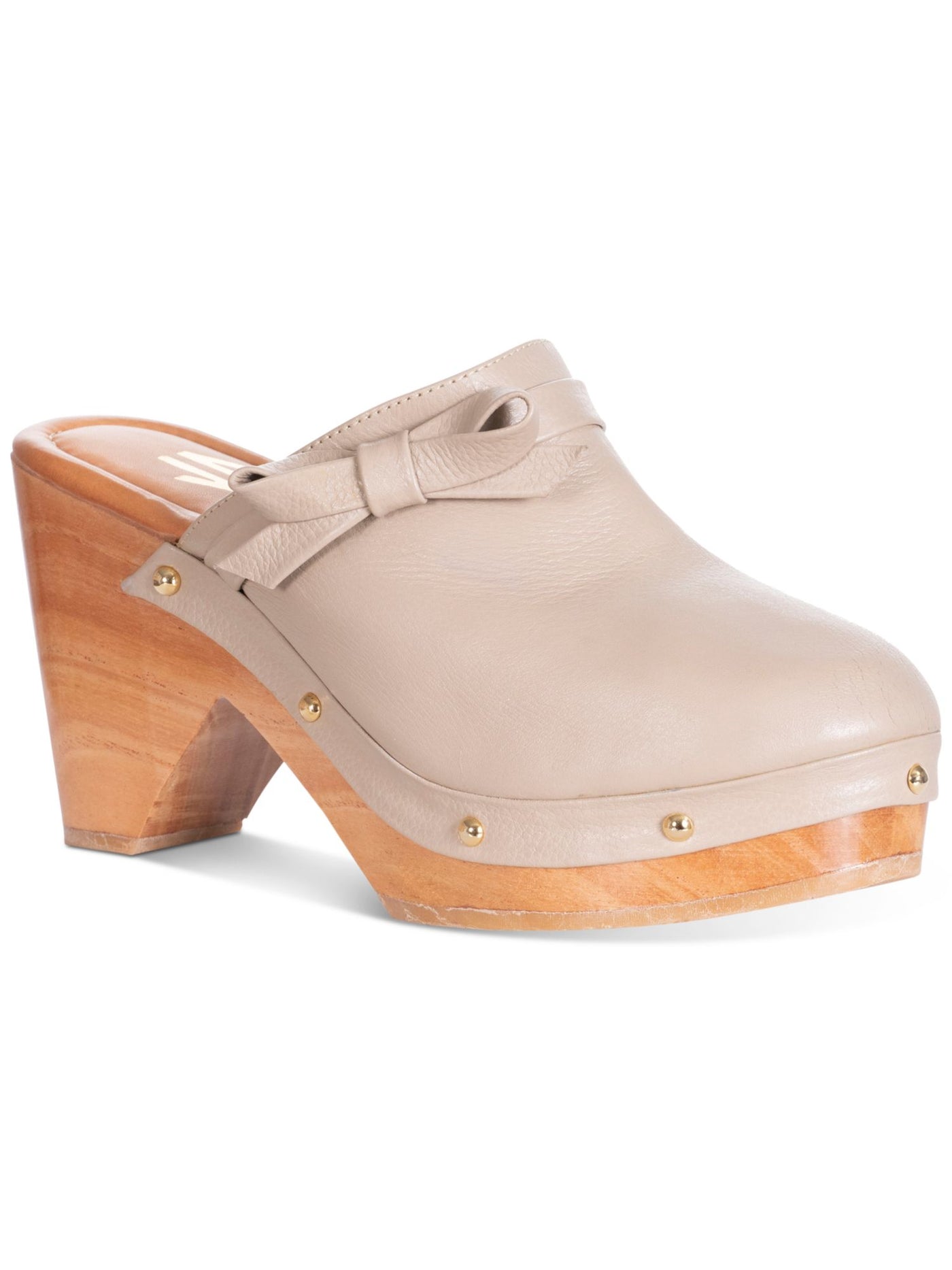 SILVIA COBOS Womens Beige 1" Platform Bow Studded Daily Round Toe Sculpted Heel Slip On Leather Clogs Shoes 8