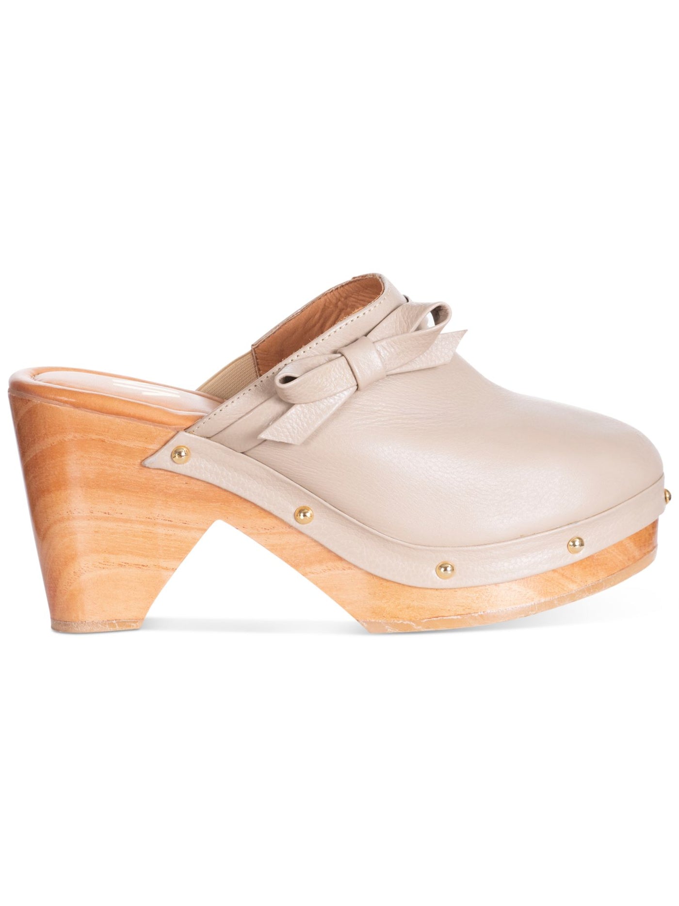 SILVIA COBOS Womens Beige 1" Platform Bow Studded Daily Round Toe Sculpted Heel Slip On Leather Clogs Shoes 8