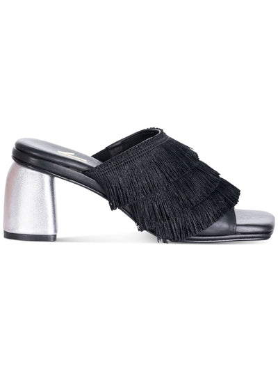 SILVIA COBOS Womens Black Fringed Cushioned Chacha Square Toe Block Heel Slip On Leather Dress Heeled Sandal 7