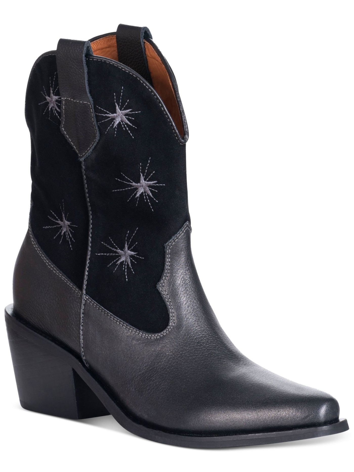 SILVIA COBOS Womens Black Stars Cushioned Galaxy Stars Almond Toe Block Heel Leather Western Boot 7