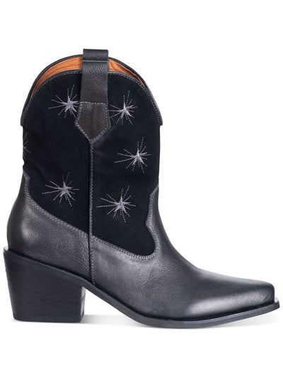 SILVIA COBOS Womens Black Stars Cushioned Galaxy Stars Almond Toe Block Heel Leather Western Boot 7