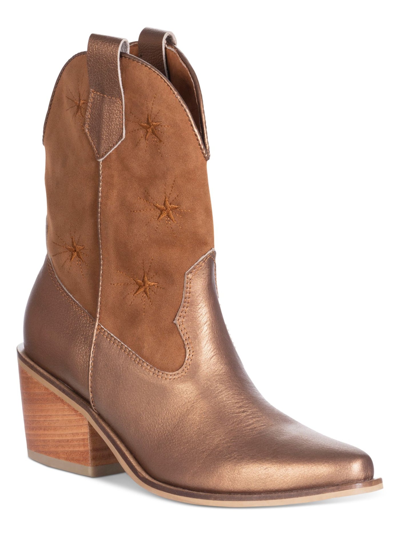 SILVIA COBOS Womens Gold Stars Side Pull Tabs Cushioned Metallic Galaxy Stars Almond Toe Block Heel Dress Western Boot 6.5