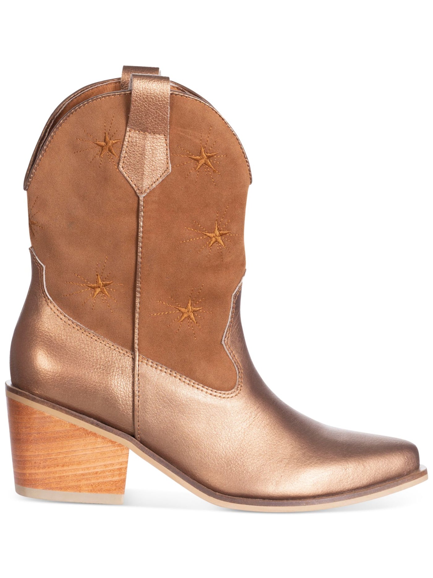 SILVIA COBOS Womens Gold Stars Side Pull Tabs Cushioned Metallic Galaxy Stars Almond Toe Block Heel Dress Western Boot 6.5