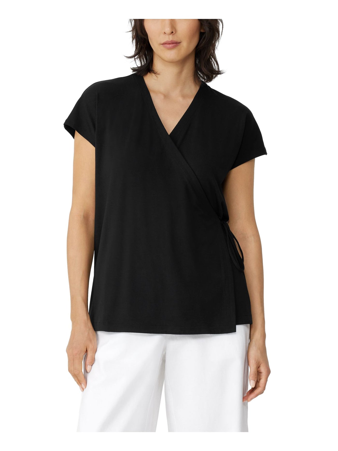 EILEEN FISHER Womens Black Tie Cap Sleeve Surplice Neckline Wrap Top Petites PL