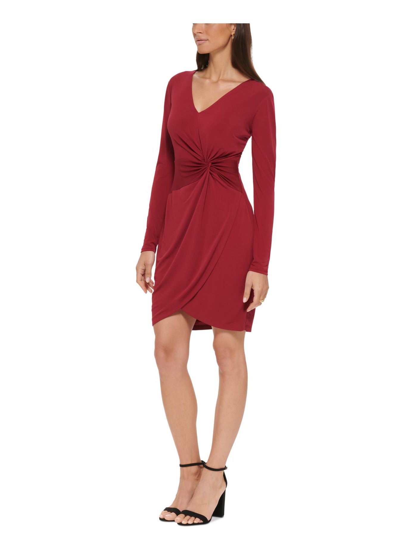 GUESS Womens Burgundy Twist Front Zippered Pont Long Sleeve V Neck Above The Knee Party Tulip Dress 4