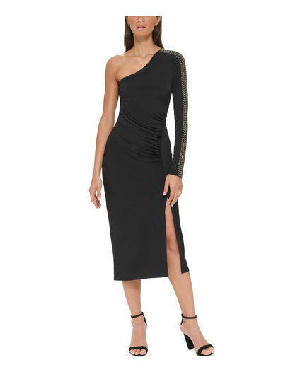 GUESS Womens Black Embellished Ruched High Slit Lined Long Sleeve Asymmetrical Neckline Midi Cocktail Sheath Dress 8