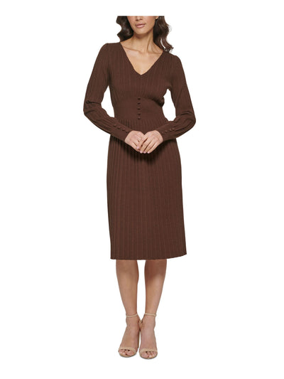 KENSIE DRESSES Womens Brown Long Sleeve V Neck Below The Knee Wear To Work Sweater Dress S