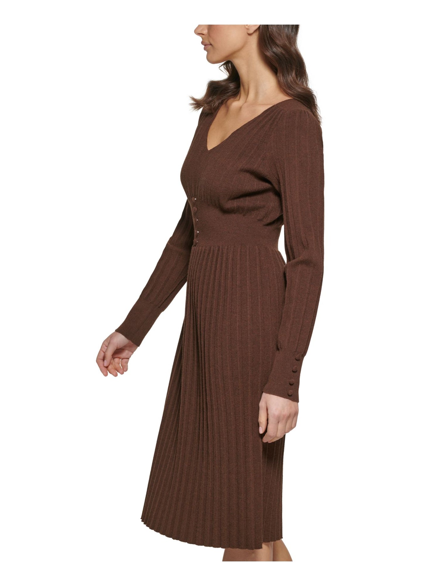 KENSIE DRESSES Womens Brown Long Sleeve V Neck Below The Knee Wear To Work Sweater Dress S