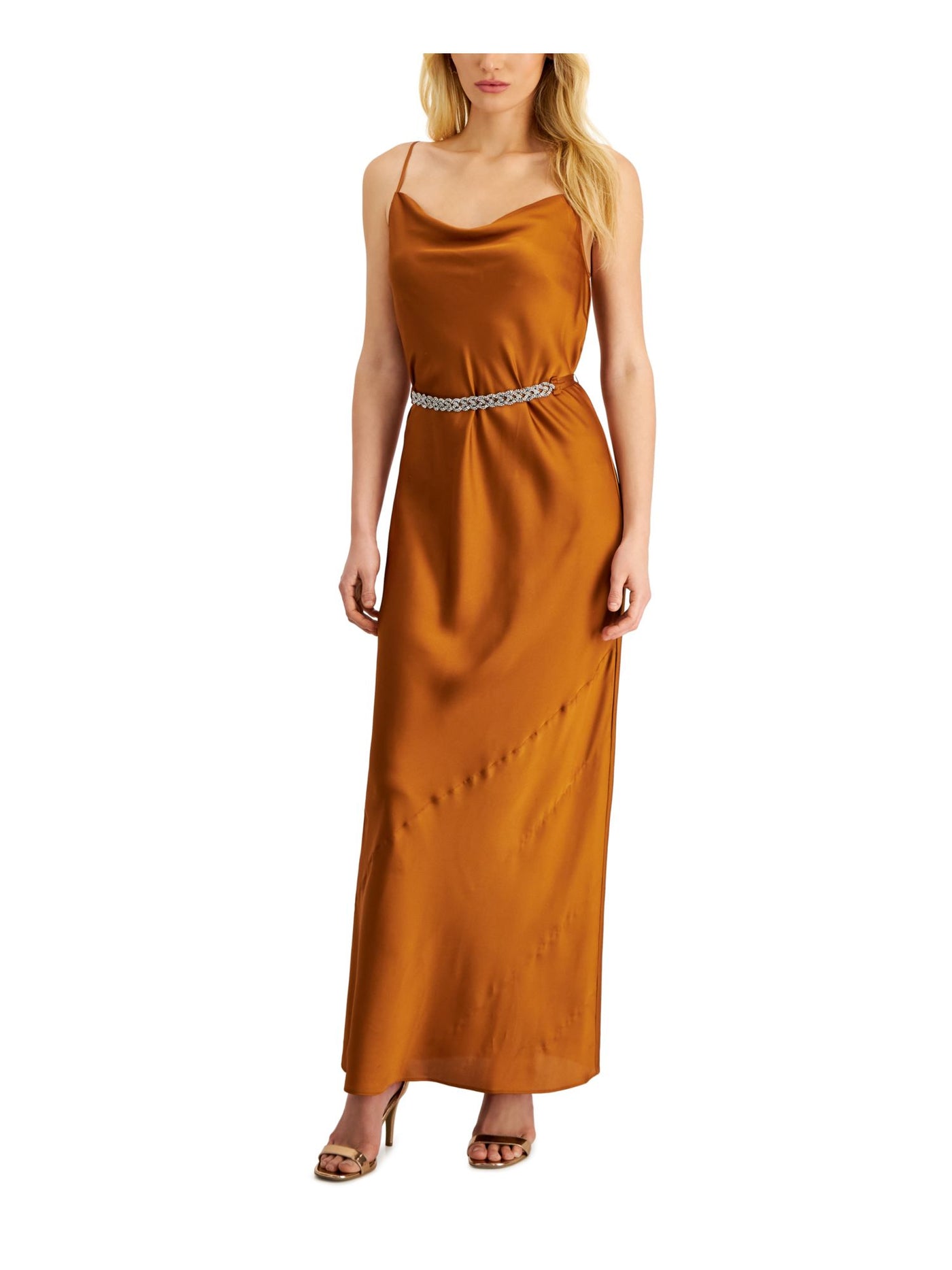 DONNA KARAN Womens Orange Unlined Spaghetti Strap Cowl Neck Full-Length Evening Dress 14