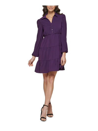 KENSIE DRESSES Womens Purple Pocketed Gathered Collared Button Front Tiered Long Sleeve V Neck Above The Knee Fit + Flare Dress 2