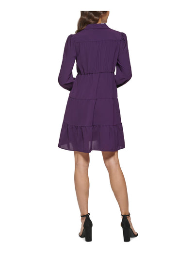 KENSIE DRESSES Womens Purple Pocketed Gathered Collared Button Front Tiered Long Sleeve V Neck Above The Knee Fit + Flare Dress 2