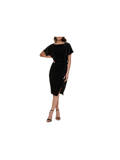 KENSIE DRESSES Womens Black Belted Slitted Studded Lined Short Sleeve Boat Neck Below The Knee Party Sheath Dress M