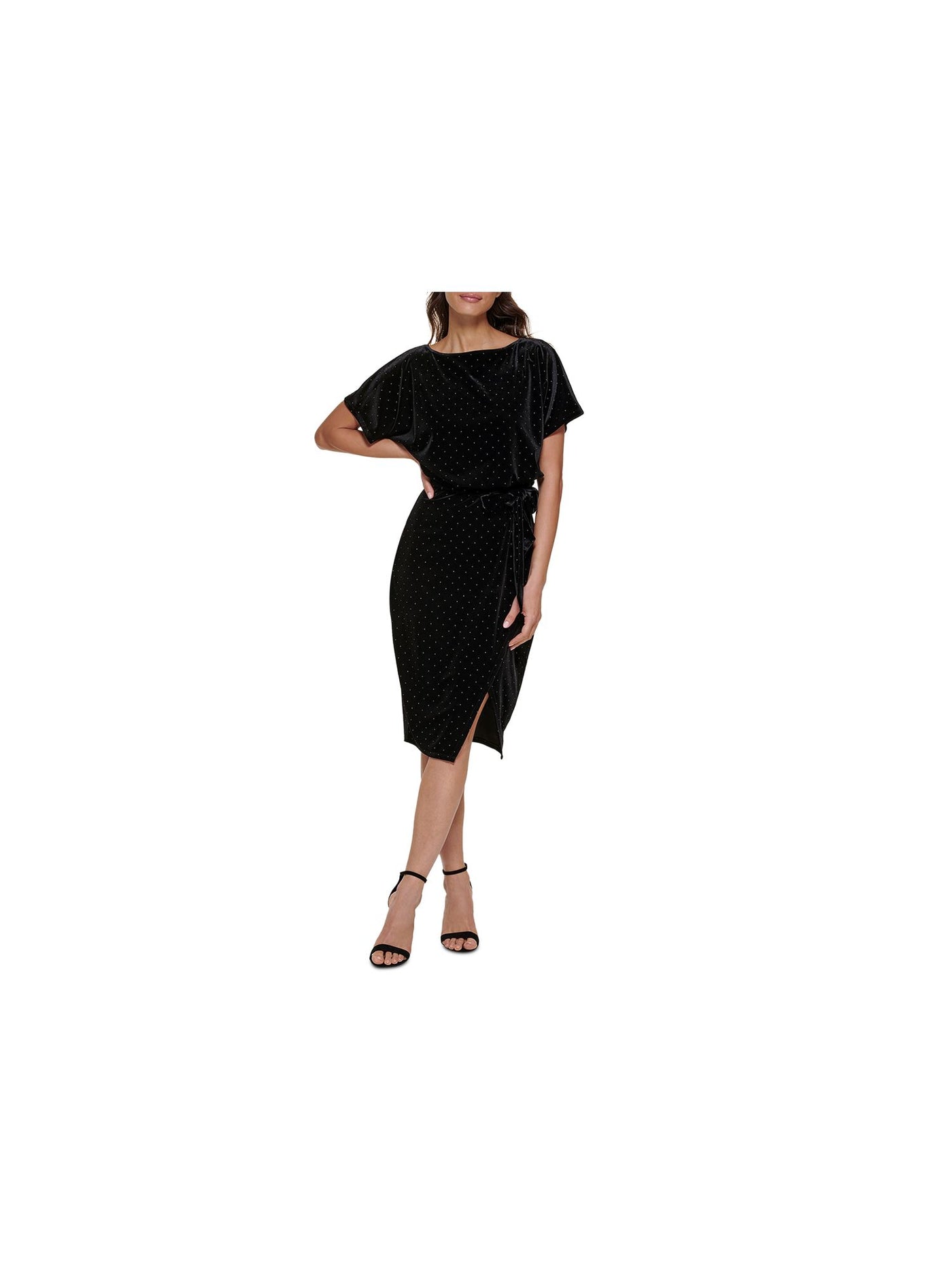 KENSIE DRESSES Womens Black Belted Slitted Studded Lined Short Sleeve Boat Neck Below The Knee Party Sheath Dress XXL