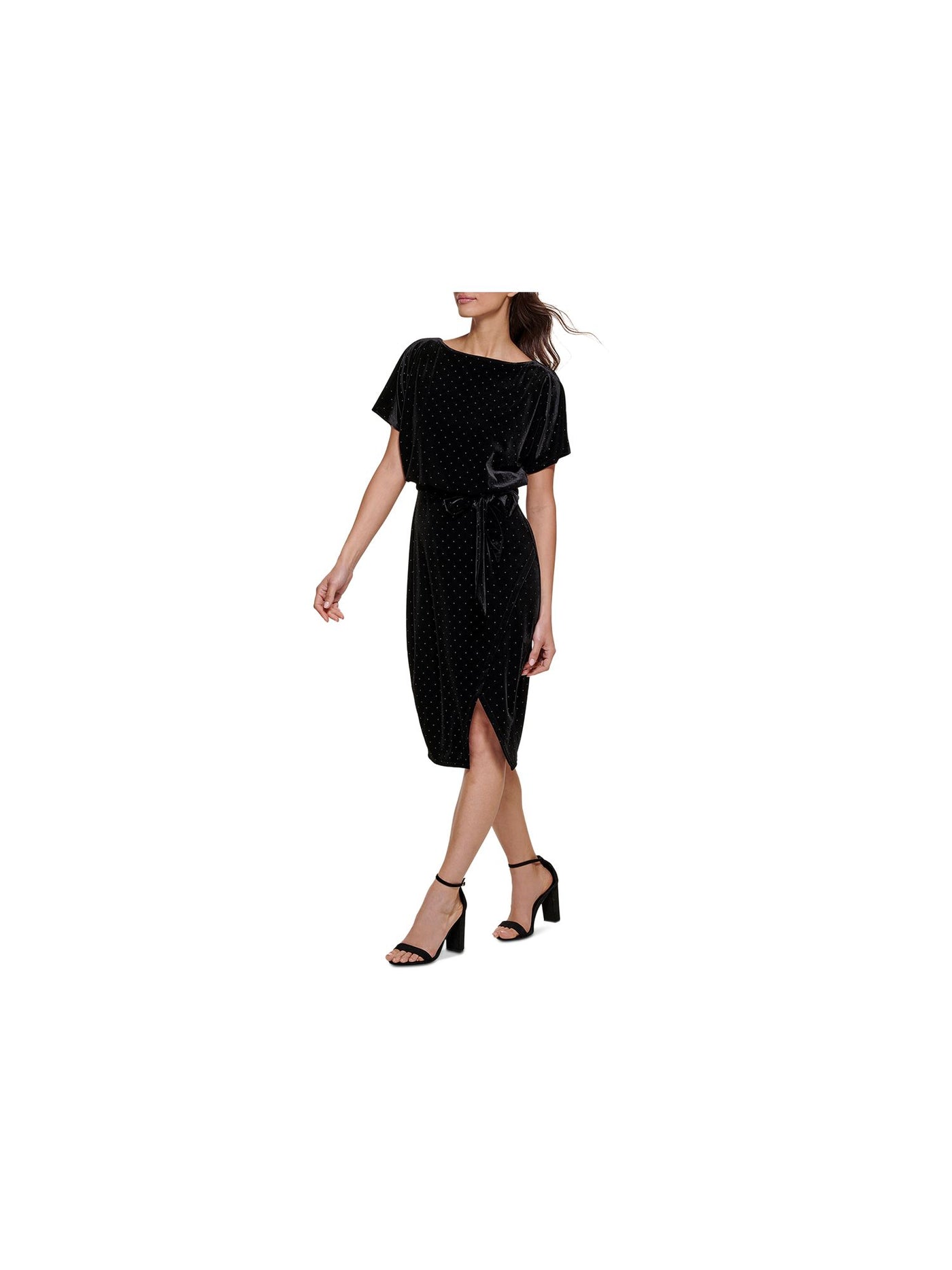 KENSIE DRESSES Womens Black Belted Slitted Studded Lined Short Sleeve Boat Neck Below The Knee Party Sheath Dress XXL