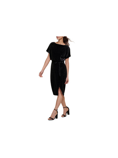 KENSIE DRESSES Womens Black Belted Slitted Studded Lined Short Sleeve Boat Neck Below The Knee Party Sheath Dress XXL