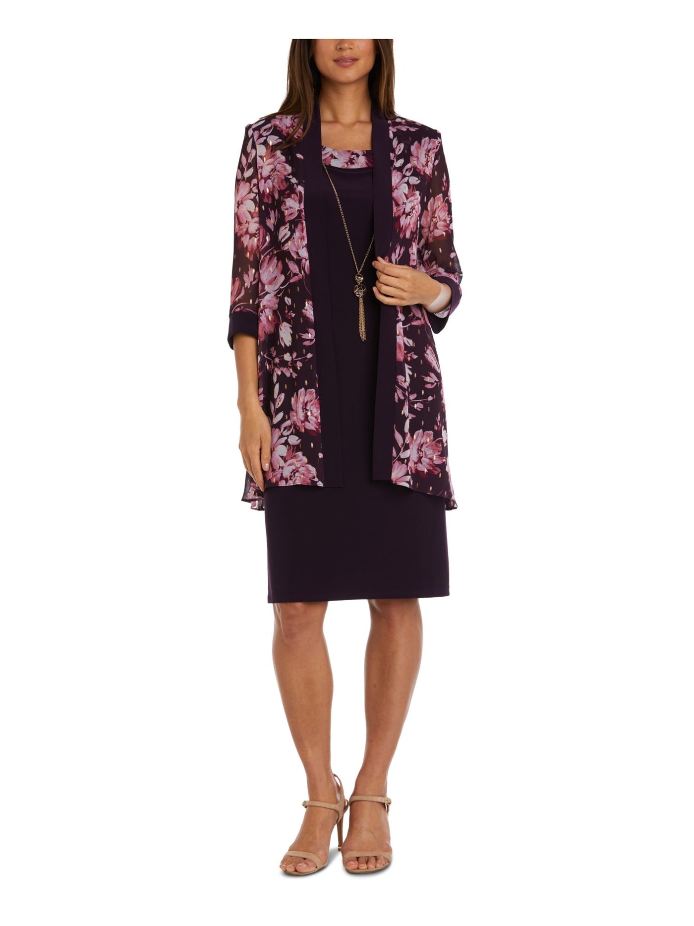 R&M RICHARDS Womens Burgundy Metallic Sheer Floral 3/4 Sleeve Open Front Wear To Work Cardigan 6