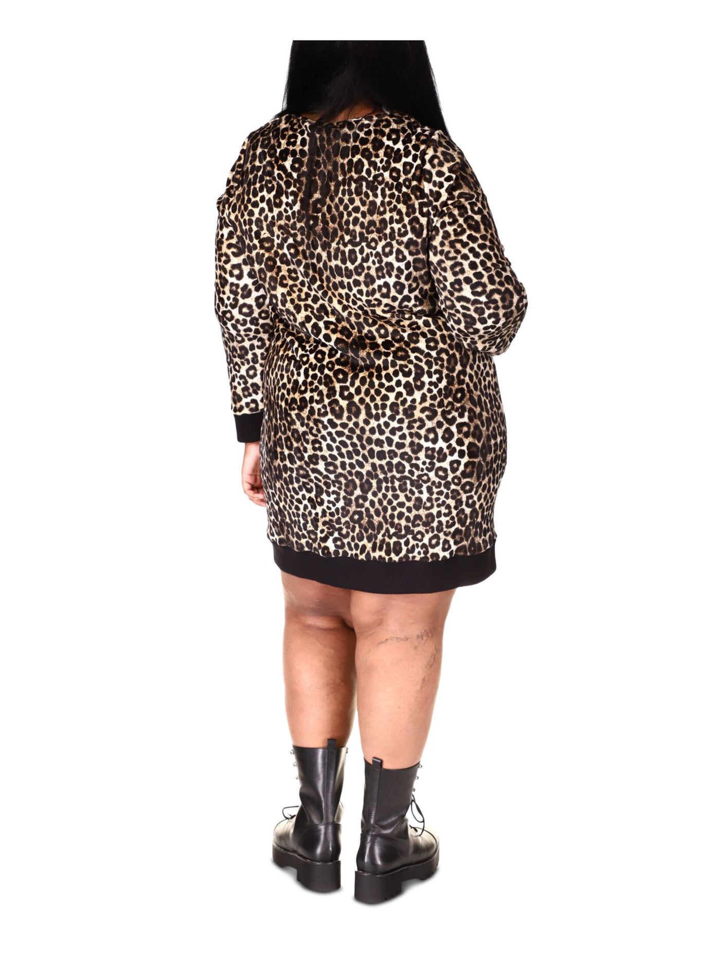 MICHAEL MICHAEL KORS Womens Beige Ribbed Unlined Lace Up Chain Animal Print Long Sleeve V Neck Above The Knee Shift Dress Plus 2X