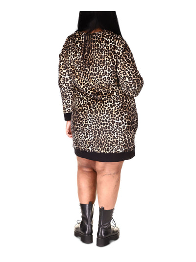 MICHAEL MICHAEL KORS Womens Beige Ribbed Unlined Lace Up Chain Animal Print Long Sleeve V Neck Above The Knee Shift Dress Plus 2X