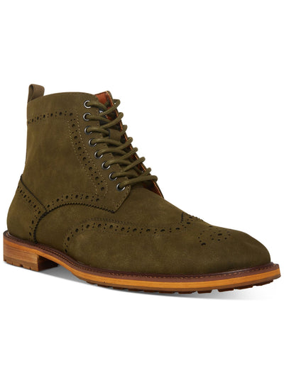 MADDEN Mens Olive Green Brogue Detailing Lace-Up Front Heel Pull-Tab Padded Remppr Wingtip Toe Block Heel Zip-Up Boots Shoes 7.5