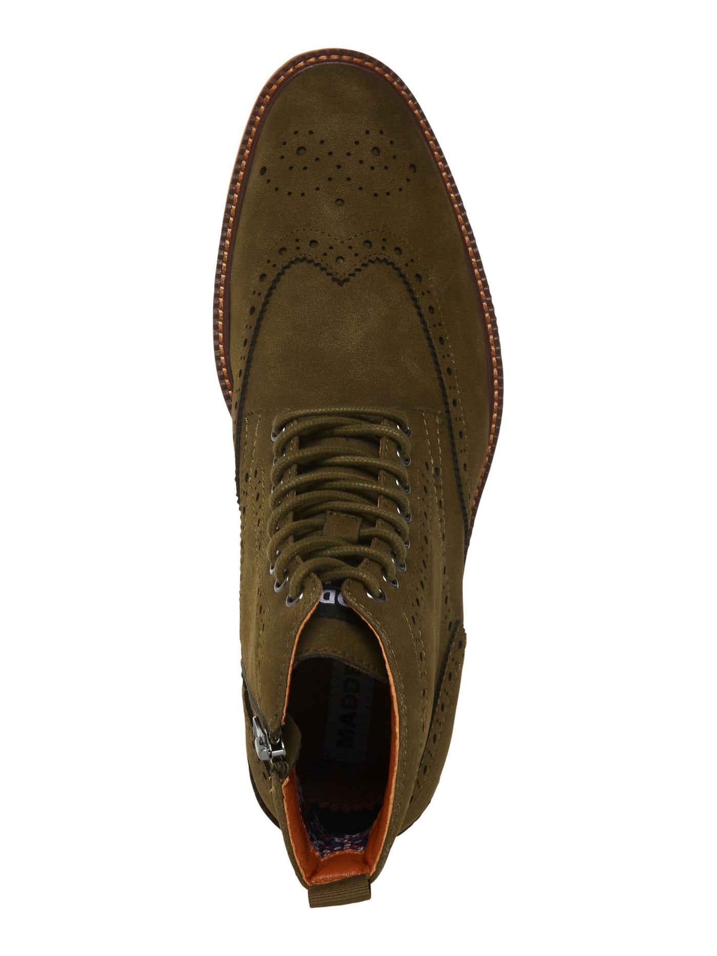 MADDEN Mens Olive Green Brogue Detailing Lace-Up Front Heel Pull-Tab Padded Remppr Wingtip Toe Block Heel Zip-Up Boots Shoes 7.5