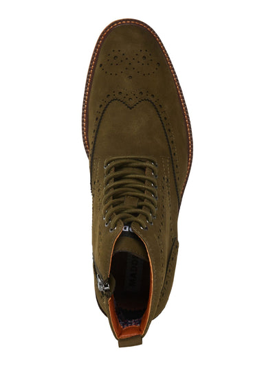 MADDEN Mens Olive Green Brogue Detailing Lace-Up Front Heel Pull-Tab Padded Remppr Wingtip Toe Block Heel Zip-Up Boots Shoes 9.5