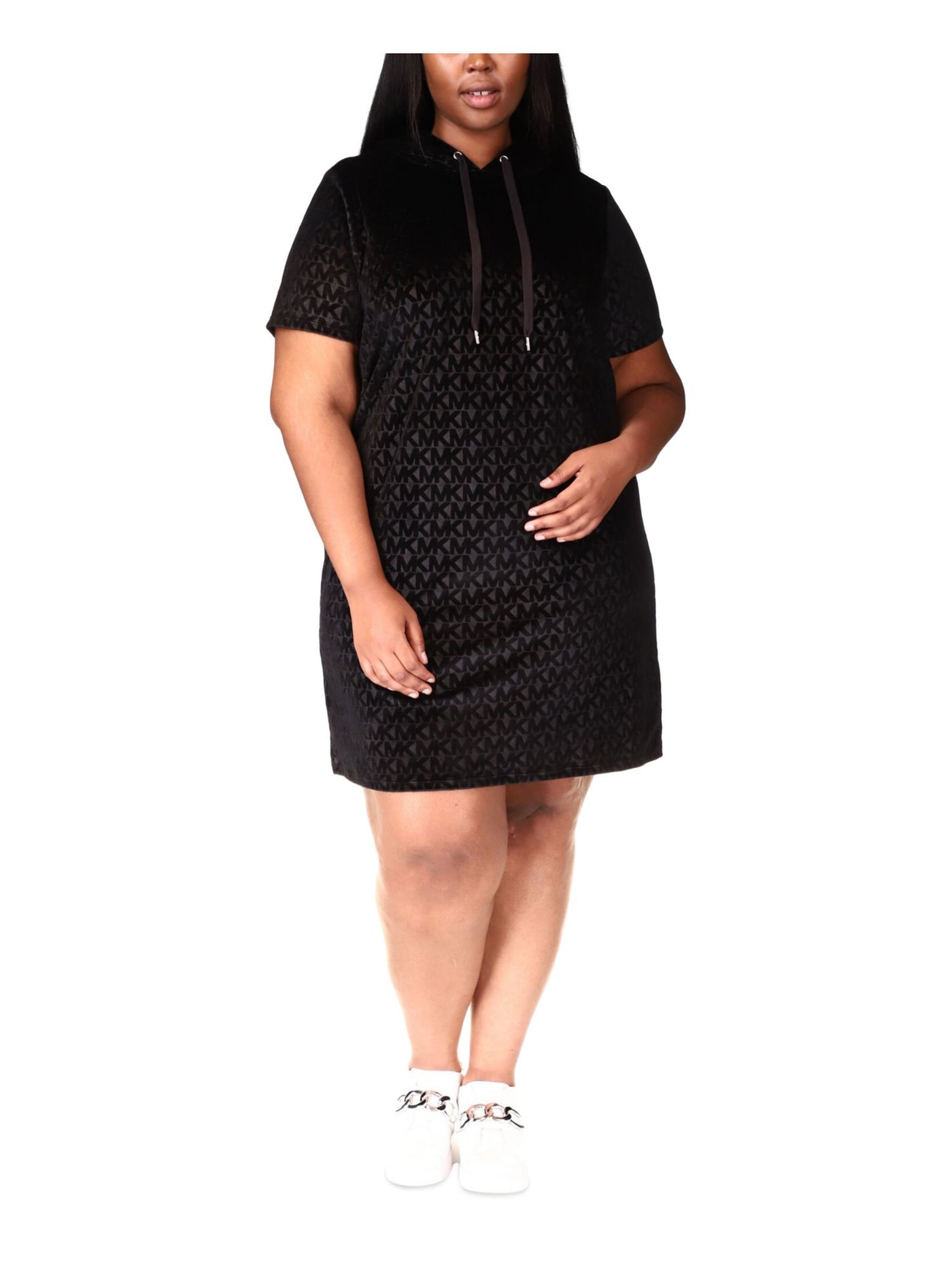 MICHAEL MICHAEL KORS Womens Black Unlined Hoodie Dress Drawstring Pullover Logo Graphic Short Sleeve Above The Knee Dress Plus 2X