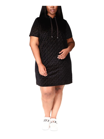 MICHAEL MICHAEL KORS Womens Black Unlined Hoodie Dress Drawstring Pullover Logo Graphic Short Sleeve Above The Knee Dress Plus 1X