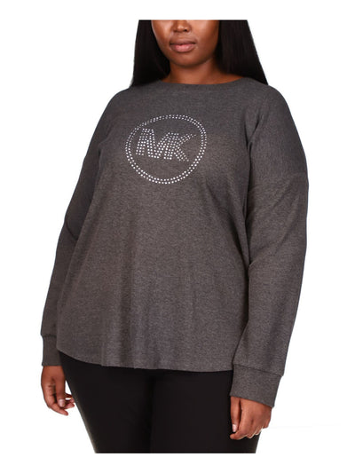 MICHAEL MICHAEL KORS Womens Gray Rhinestone Waffle-knit Logo Graphic Long Sleeve Round Neck Top Plus 1X