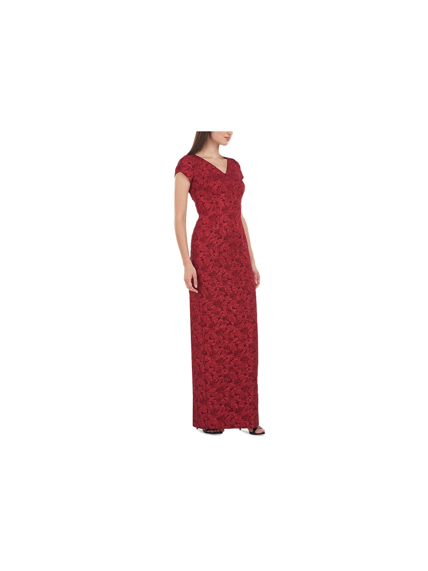 JS COLLECTIONS Womens Red Zippered Slitted Lined Darted Textured Floral Cap Sleeve V Neck Full-Length Evening Gown Dress 12