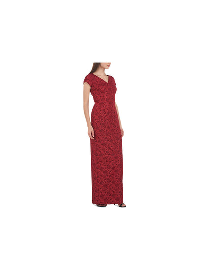 JS COLLECTIONS Womens Red Zippered Slitted Lined Darted Textured Floral Cap Sleeve V Neck Full-Length Evening Gown Dress 10