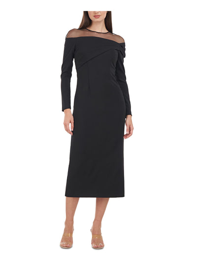 JS COLLECTIONS Womens Black Pleated Zippered Back Slit Hem Lined Long Sleeve Round Neck Midi Evening Sheath Dress 6