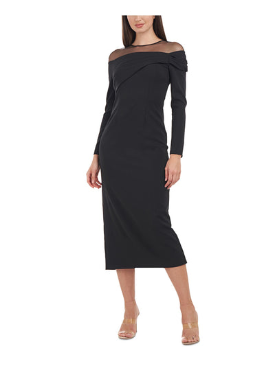 JS COLLECTIONS Womens Black Pleated Zippered Back Slit Hem Lined Long Sleeve Round Neck Midi Evening Sheath Dress 12