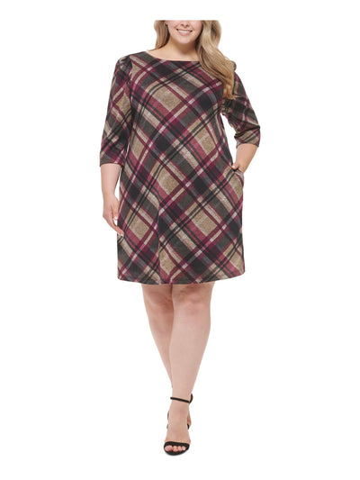 JESSICA HOWARD Womens Burgundy Lined Pocketed Keyhole Back Pullover Plaid 3/4 Sleeve Round Neck Knee Length Fit + Flare Dress Plus 3X