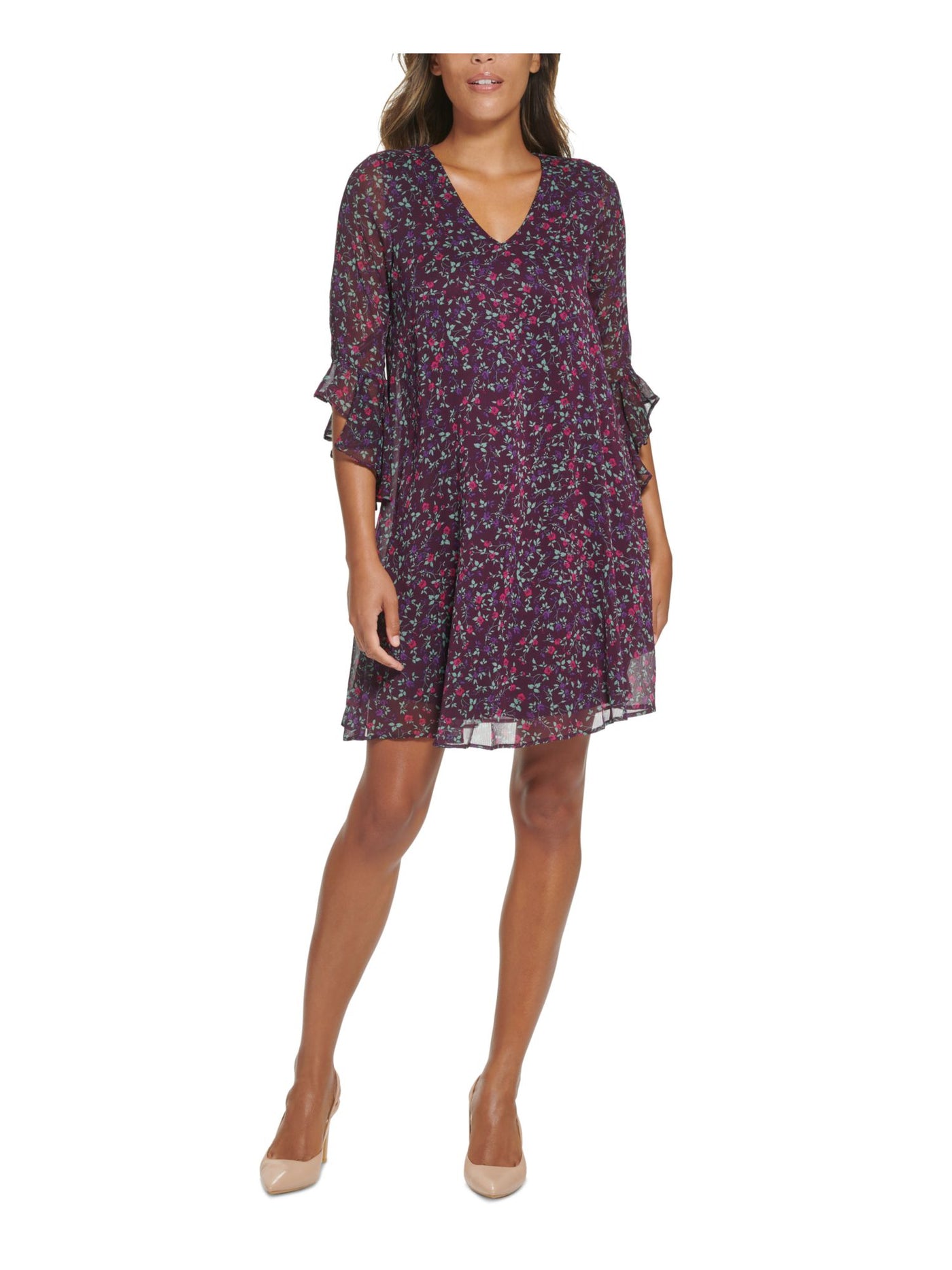 CALVIN KLEIN Womens Purple Lined Floral 3/4 Sleeve V Neck Above The Knee Shift Dress 2