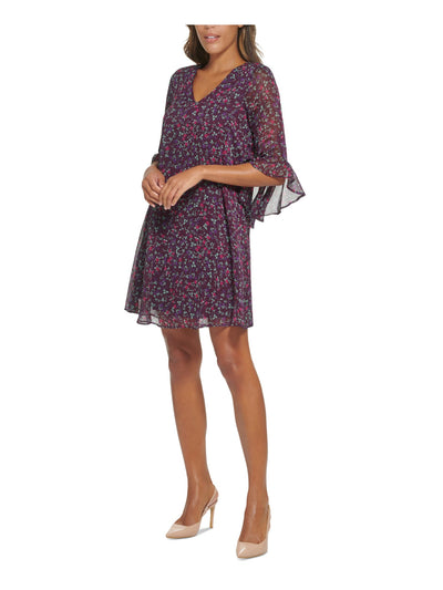 CALVIN KLEIN Womens Purple Lined Floral 3/4 Sleeve V Neck Above The Knee Shift Dress 2