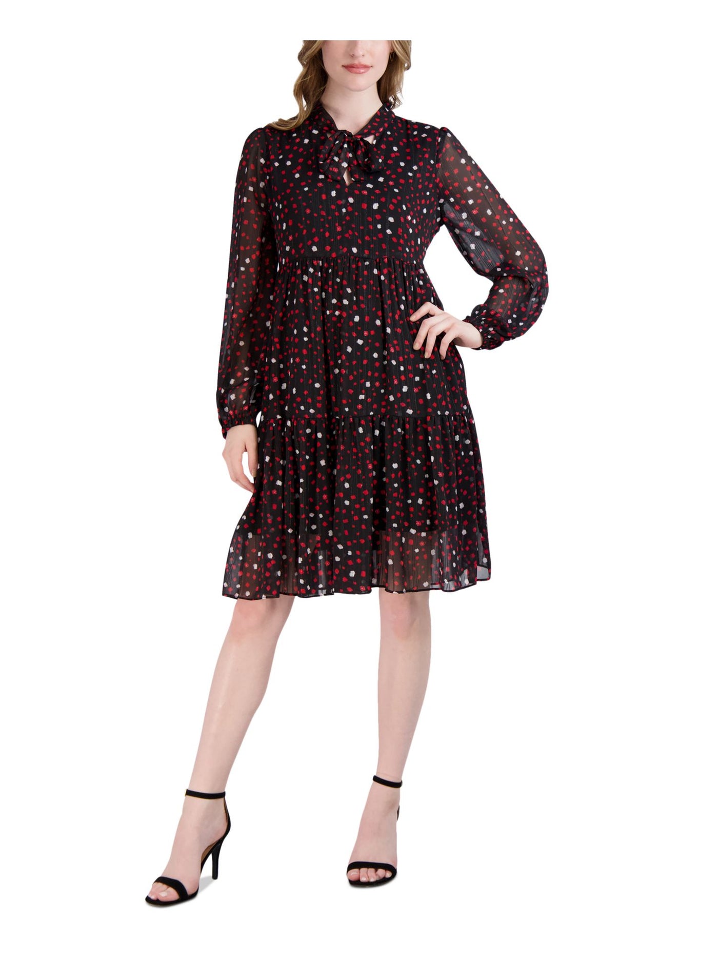 SIGNATURE BY ROBBIE BEE Womens Black Lined Polka Dot Long Sleeve Keyhole Below The Knee Wear To Work Shift Dress Petites PS