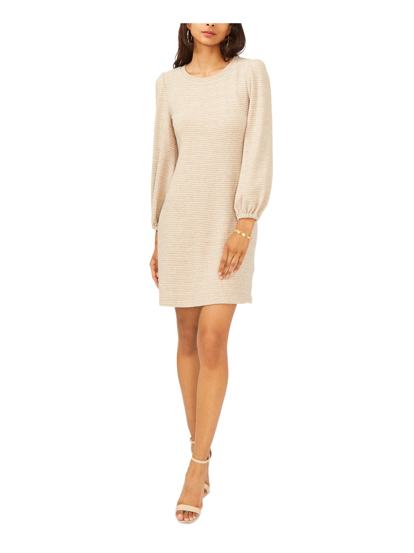 MSK PETITES Womens Beige Ribbed Long Sleeve Round Neck Above The Knee Shift Dress Petites PM