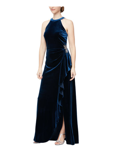 ALEX & EVE BY ALEX EVENINGS Womens Navy Embellished Zippered Lined Sleeveless Halter Maxi Evening Gown Dress 4