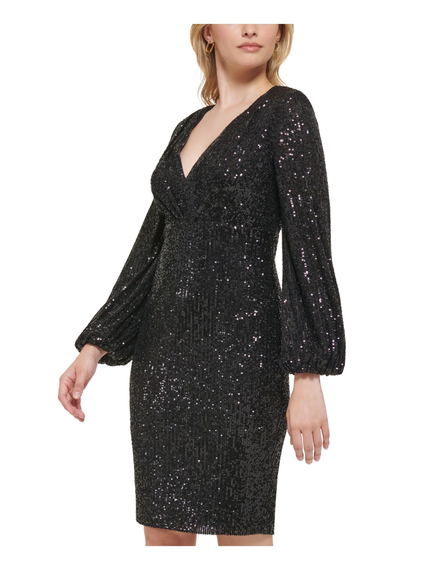 ELIZA J Womens Black Sequined Zippered Shoulder Pads Lined Pleated Blouson Sleeve V Neck Above The Knee Cocktail Sheath Dress 2