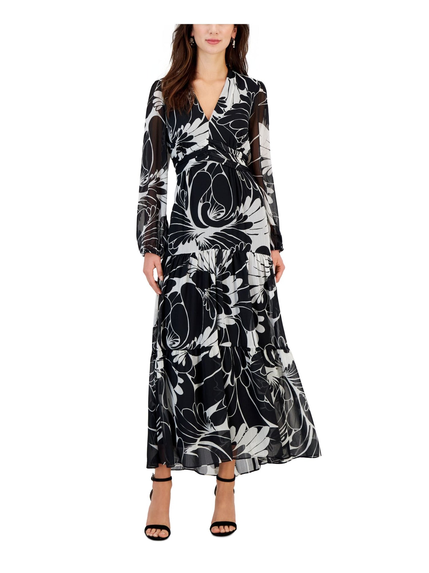 TAYLOR Womens Black Zippered Lined Sheer Pleated Printed Long Sleeve V Neck Maxi Empire Waist Dress Petites 6P