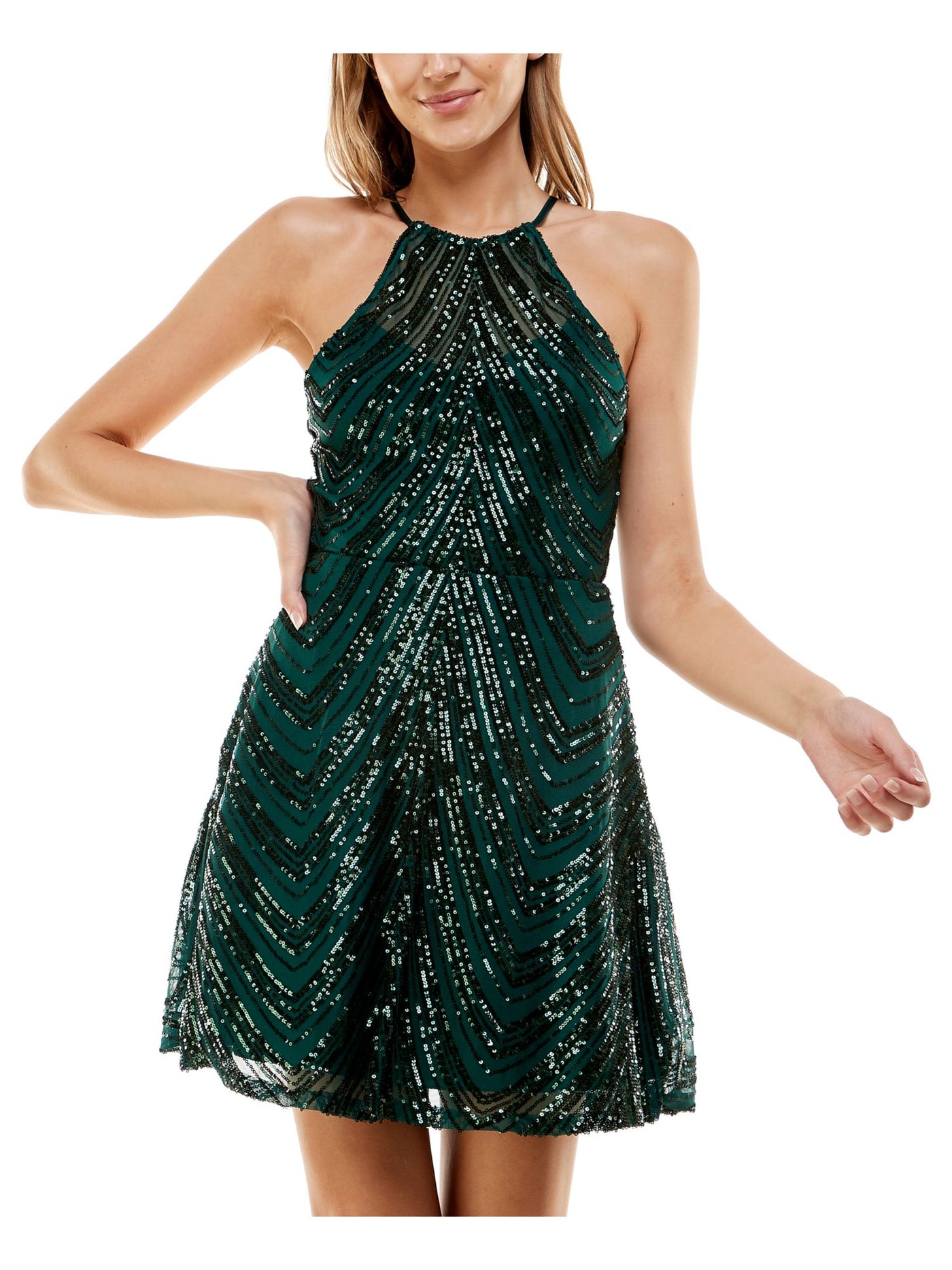 B DARLIN Womens Green Sequined Zippered Lined Strappy Open Back Sheer Sleeveless Halter Short Party Fit + Flare Dress Juniors 3\4