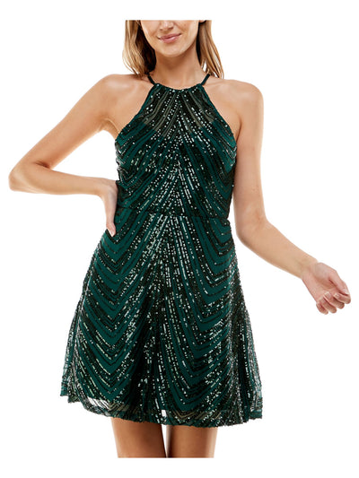 B DARLIN Womens Green Sequined Zippered Lined Strappy Open Back Sheer Sleeveless Halter Short Party Fit + Flare Dress Juniors 3\4