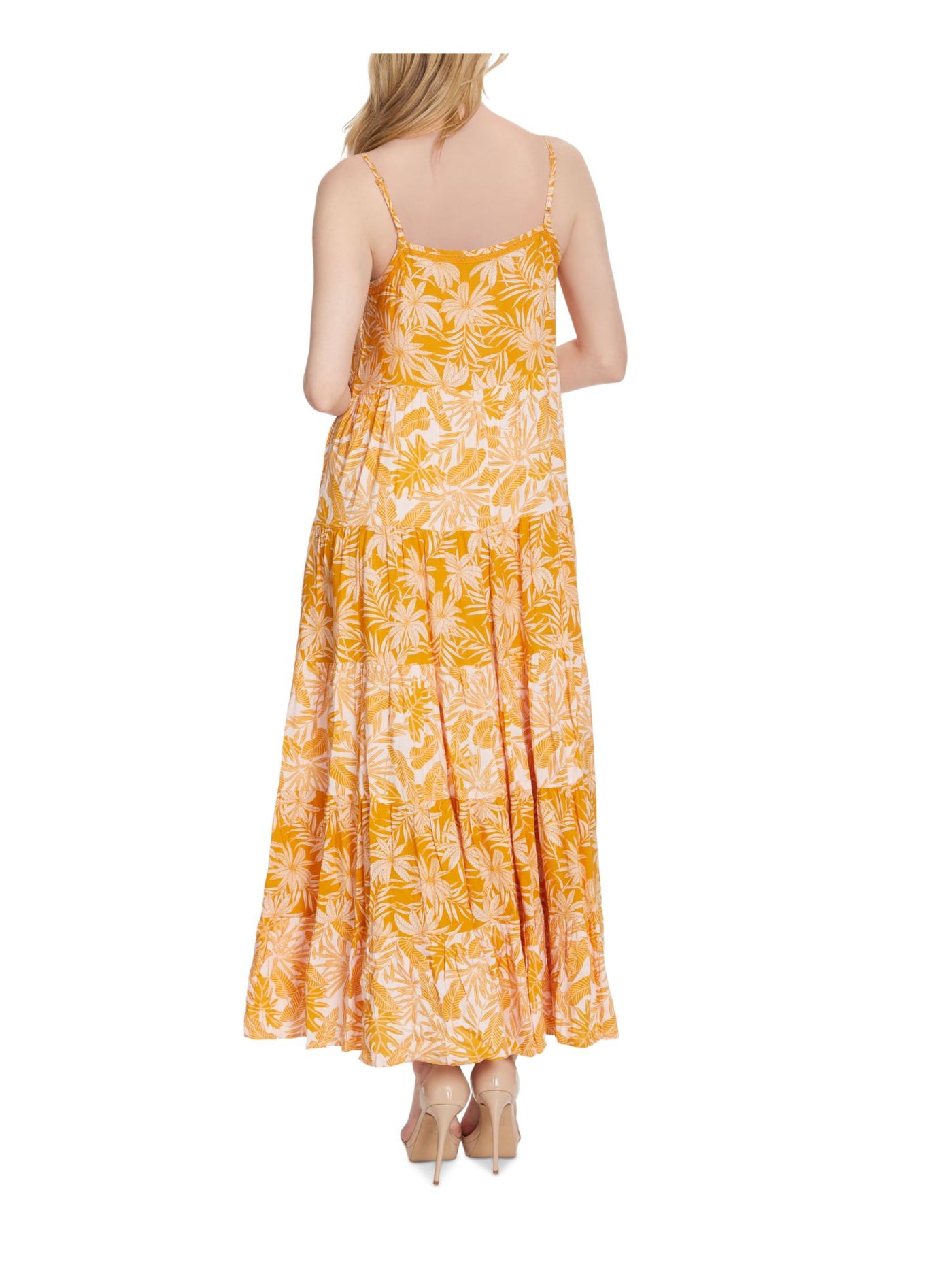 JESSICA SIMPSON Womens Yellow Pleated Button Front Top Tiered Printed Spaghetti Strap Scoop Neck Maxi Fit + Flare Dress M