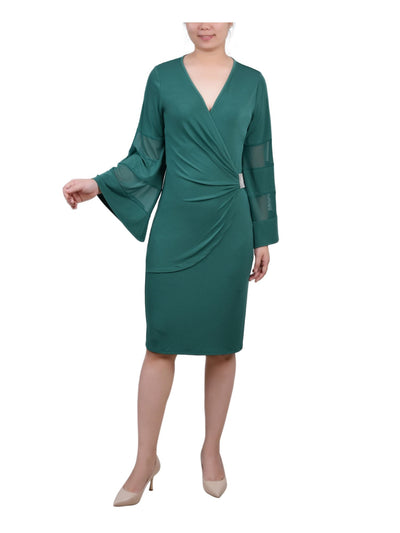 NY COLLECTION Womens Green Pleated Rhinestone Embellishment Bell Sleeve Surplice Neckline Knee Length Party Faux Wrap Dress Petites PS