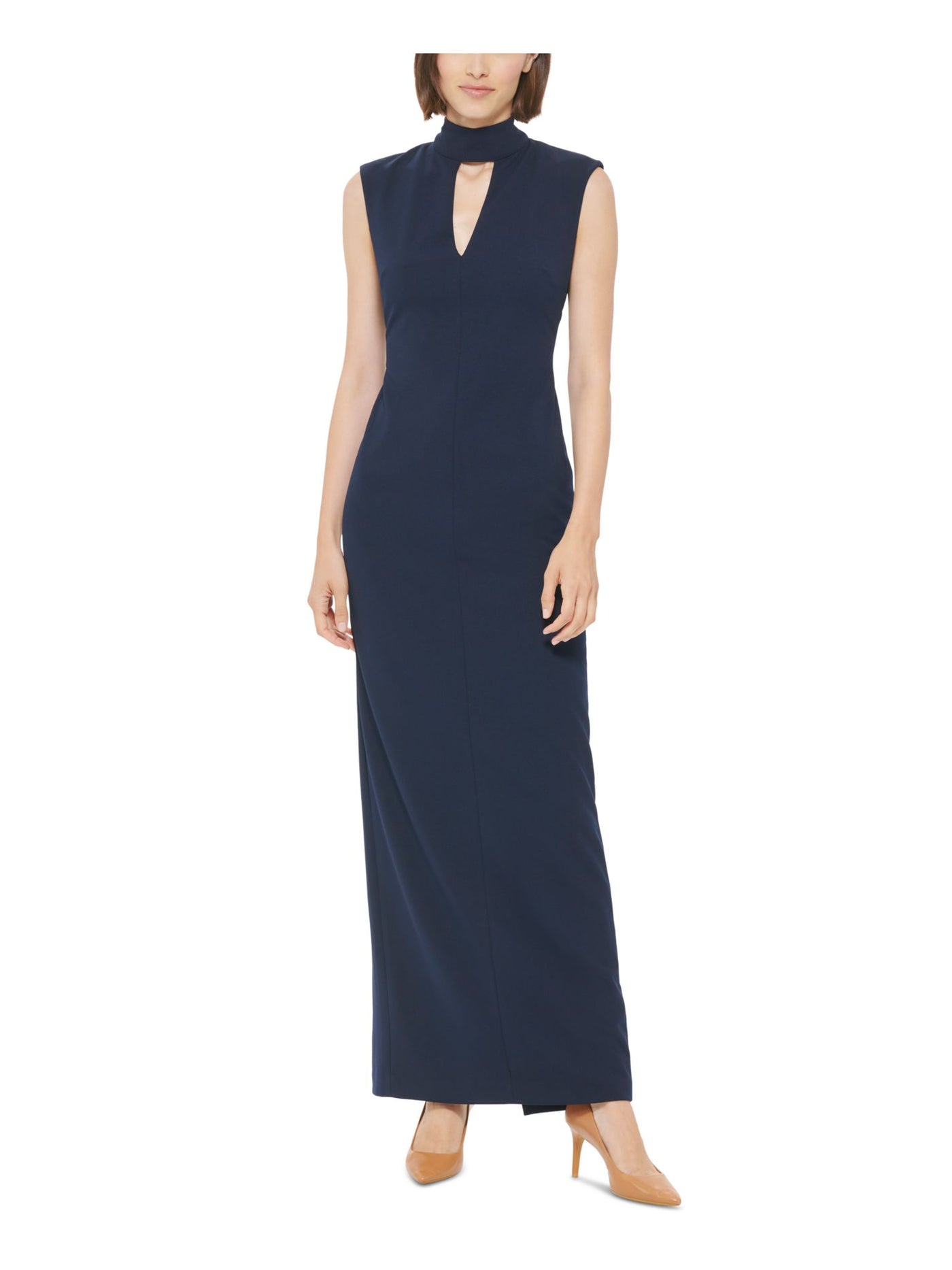 CALVIN KLEIN Womens Navy Cut Out Zippered Slit Darted Lined Tie Sleeveless Mock Neck Full-Length Formal Gown Dress 8