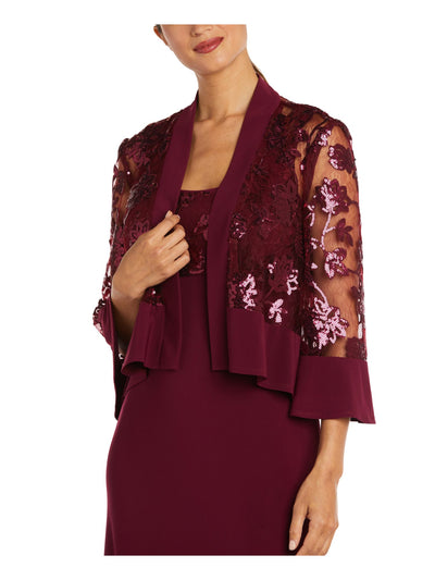 R&M RICHARDS PETITE Womens Burgundy Lace Sequined Solid Trim 3/4 Sleeve Open Front Cocktail Cardigan Petites 12P
