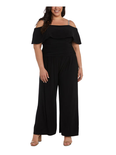 R&M RICHARDS WOMAN Womens Black Ruched Zippered Ruffled Overlay Wide Leg Flutter Sleeve Off Shoulder Party High Waist Jumpsuit Plus 22W
