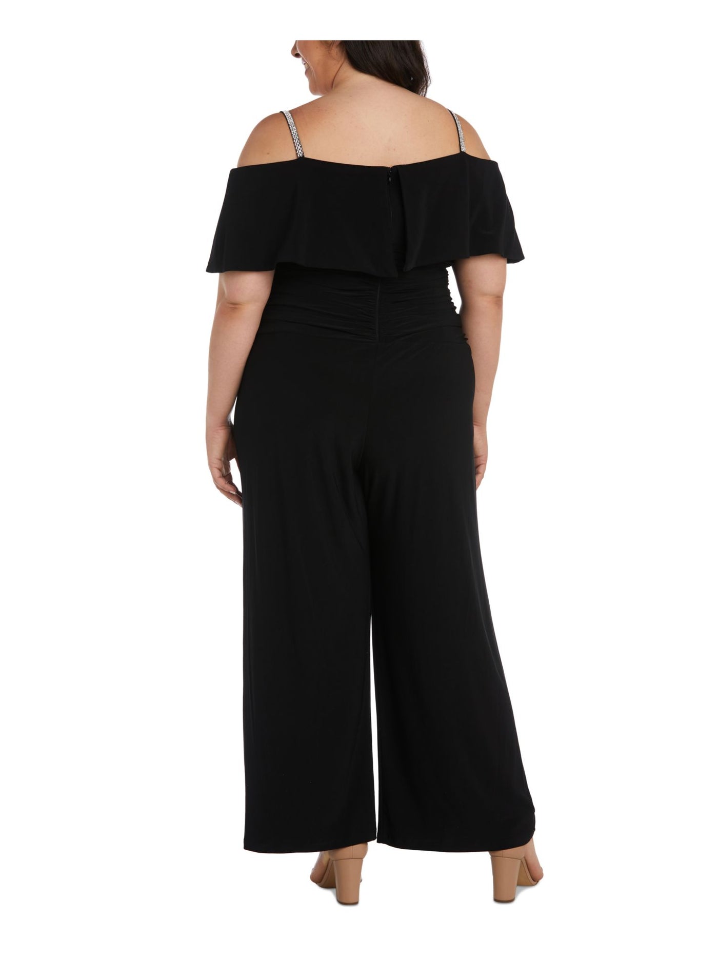 R&M RICHARDS WOMAN Womens Black Ruched Zippered Ruffled Overlay Wide Leg Flutter Sleeve Off Shoulder Party High Waist Jumpsuit Plus 22W