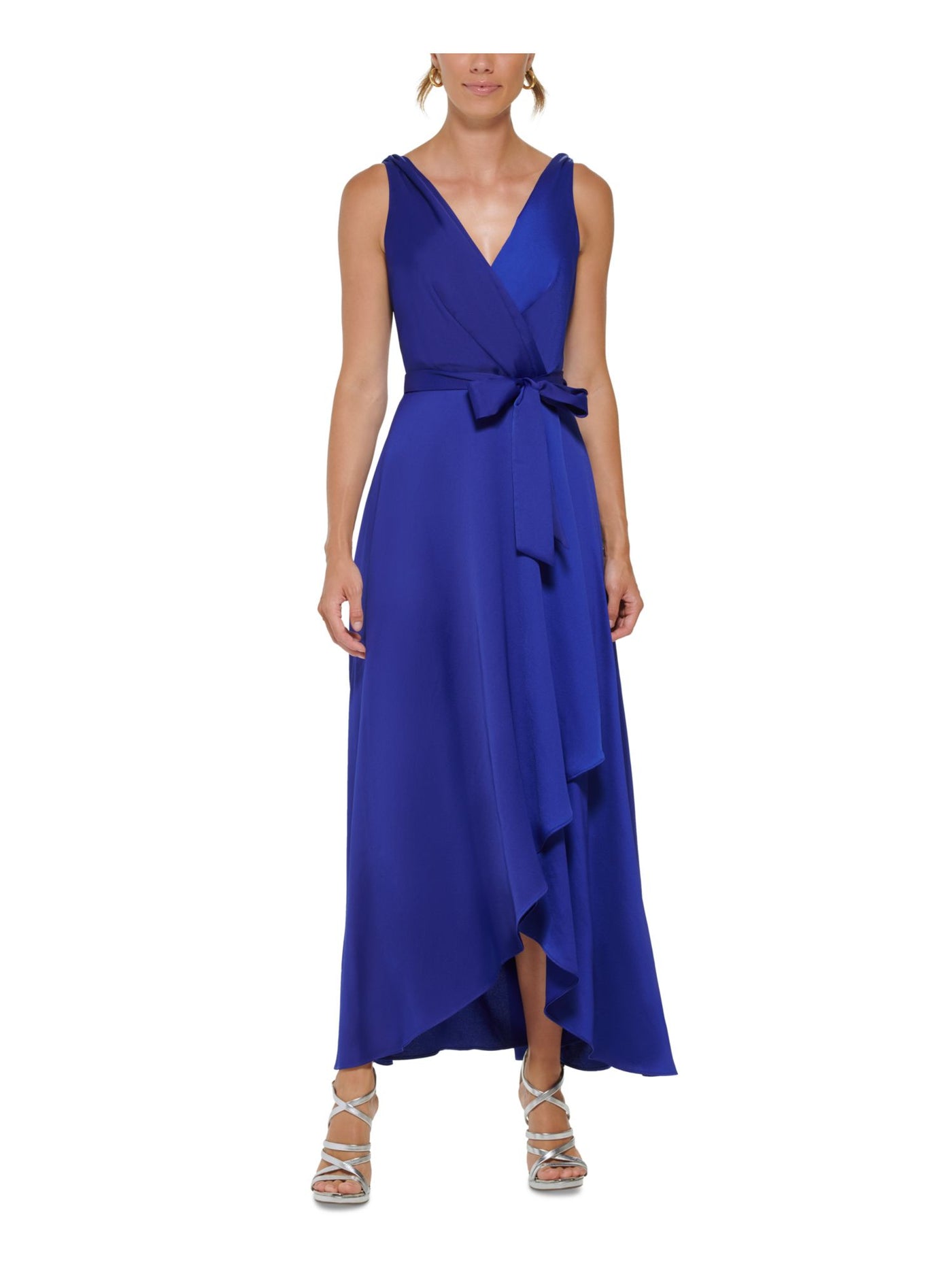 DKNY Womens Blue Pleated Zippered Self-tie Belt Hi-lo Hem Lined Sleeveless Surplice Neckline Full-Length Formal Faux Wrap Dress 18