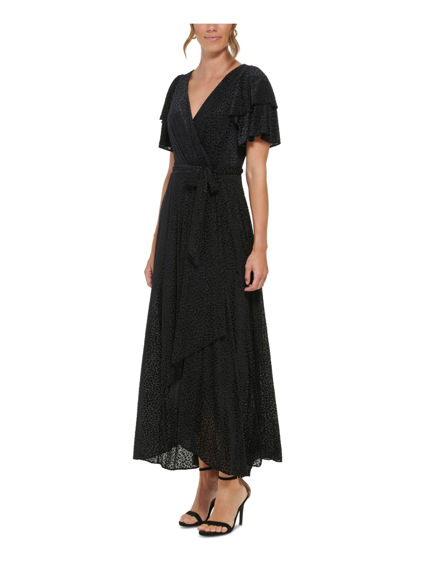 DKNY Womens Black Zippered Lined Self-tie Belt Hi-lo Hem Flutter Sleeve Surplice Neckline Maxi Evening Faux Wrap Dress 4